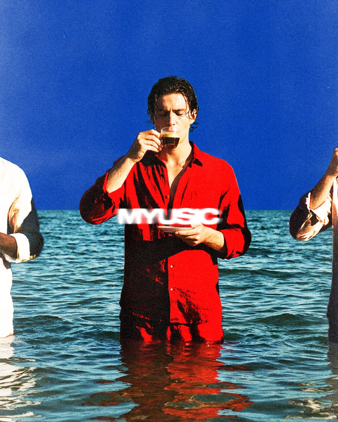 Two pairs of hands reaching toward each other against blue background